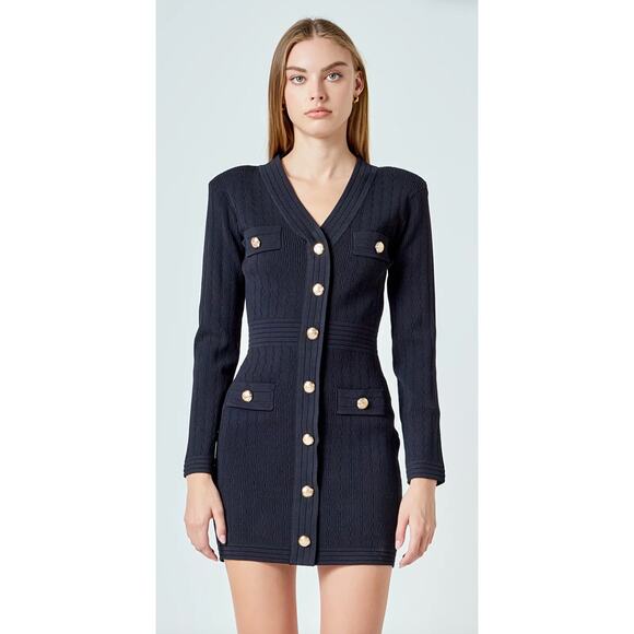 NWT Endless Rose V-Neck Long Sleeve Knit Mini Dress XS Black Gold Buttons Ribbed - Picture 1 of 11
